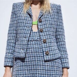 Zara Blue Tweed Blazer with Brown Buttons